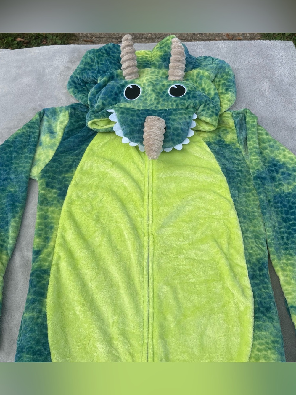 Adult Medium Green Triceratops Dinosaur Plush Onesie Costume Hooded *READ